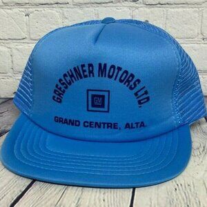 Vintage Hat Cap Snapback Blue Trucker Mesh GRESCHNER Motors GM Dealership 90s
